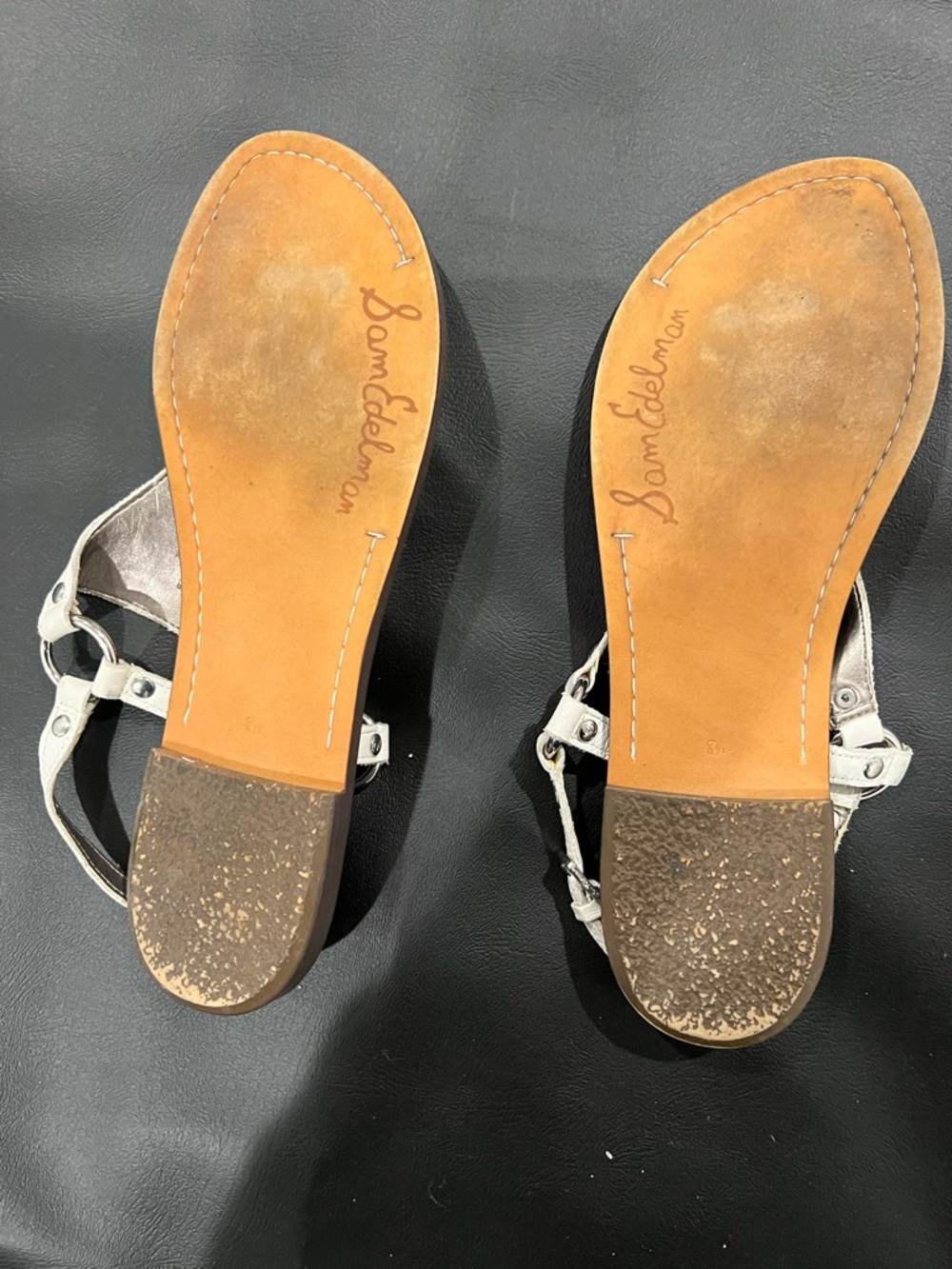 Sam Edelman White Leather T-Strap Sandals with Brown Footbed - Picture 2 of 3